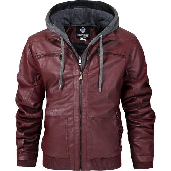 Other - Mens Wine Red 1 Faux Leather Removable Hood Motorcycle Casual Warm Winter Jacket